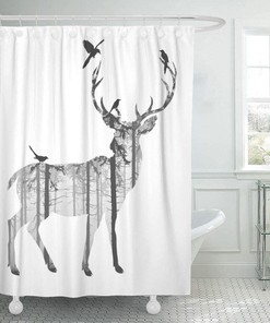 Deer Birds Silhouette Winter Holiday Shower Curtain for Christmas Bathroom Decor
