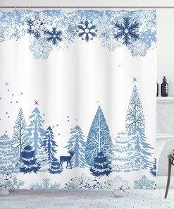 Deer Pine Trees Xmas Winter Shower Curtain for Bathroom Decor