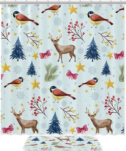 Deer and Bird Winter Shower Curtain with Tree Branches and Stars for Bathroom