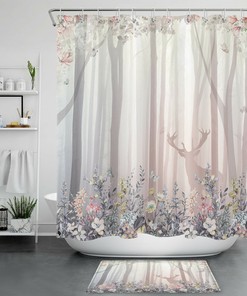 Deer and Floral Watercolor Flower Shower Curtain - Bathroom Fabric Print