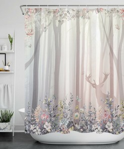 Deer and Floral Watercolor Flower Shower Curtain - Bathroom Fabric Print