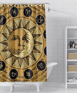Designer Boho Zodiac Sun and Moon Shower Curtain - Artistic Print on Waterproof Fabric for Gypsy Bathroom Decor