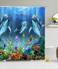 Dolphin Sea Shower Curtain Waterproof Fabric Bathroom Decor