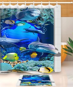 Dolphin and Fish Underwater Shower Curtain for Oceanic Bathroom Decor