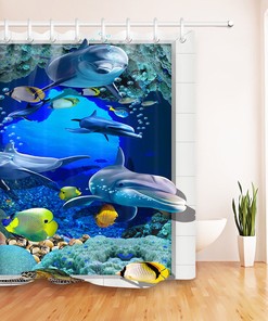 Dolphin and Fish Underwater Shower Curtain for Oceanic Bathroom Decor