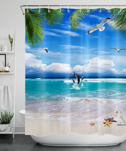 Dolphin and Palm Trees Shower Curtain for a Seaside Bathroom - Home Decor