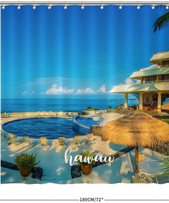 Downtown Hawaii Scene Shower Curtain, Coastal Bathroom Decor