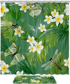 Dragonflies and Flowers Watercolor Shower Curtain - Bathroom Waterproof Bath Curtain