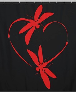 Dragonfly Heart Shower Curtain in Red - Bath Curtains with Metal Grommet Holes