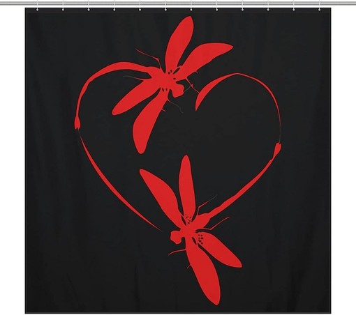Dragonfly Heart Shower Curtain in Red - Bath Curtains with Metal Grommet Holes