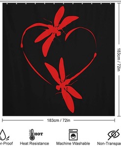 Dragonfly Heart Shower Curtain in Red - Bath Curtains with Metal Grommet Holes