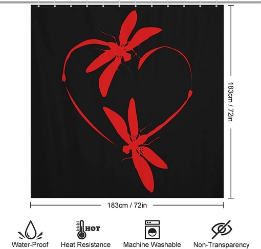 Dragonfly Heart Shower Curtain in Red - Bath Curtains with Metal Grommet Holes