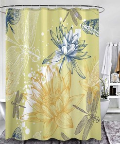 Dragonfly Lotus Chart Shower Curtain - Brand Bathroom Design Print on Fabric for Nature and Zen Bathroom Decor