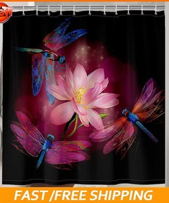 Dragonfly Lotus Waterproof Bath Shower Curtain - Nature Inspired Bathroom Decor