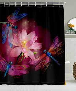 Dragonfly Lotus Waterproof Bath Shower Curtain - Nature Inspired Bathroom Decor