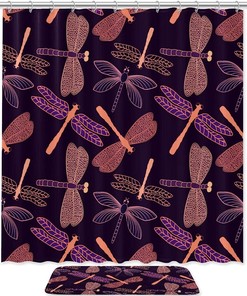 Dragonfly Pattern Pink Shower Curtain - Waterproof Fabric Bathroom Curtain