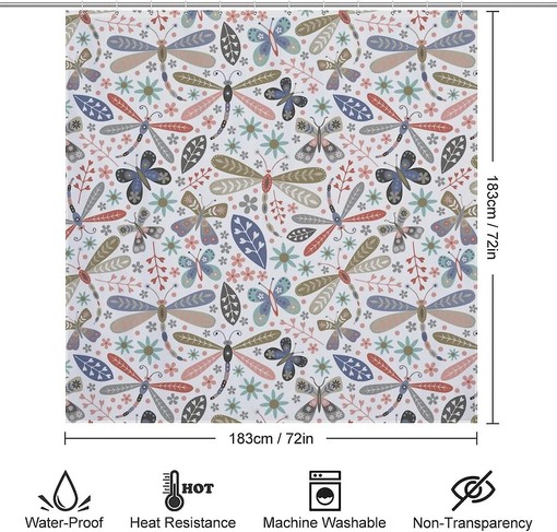Dragonfly and Butterfly Bathroom Shower Curtain - Durable Fabric and Washable