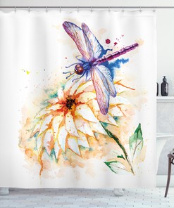 Dragonfly and Lily Flower Watercolor Shower Curtain - Bathroom Print Design