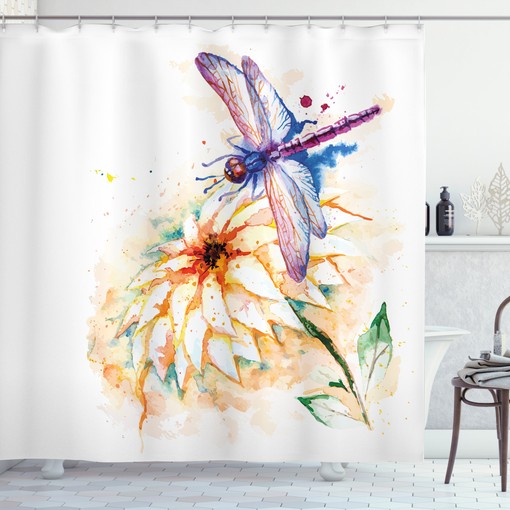 Dragonfly and Lily Flower Watercolor Shower Curtain - Bathroom Print Design