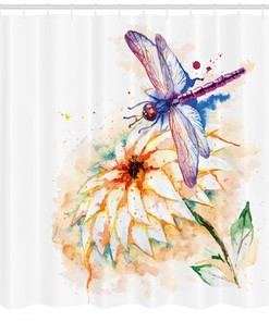 Dragonfly and Lily Flower Watercolor Shower Curtain - Bathroom Print Design
