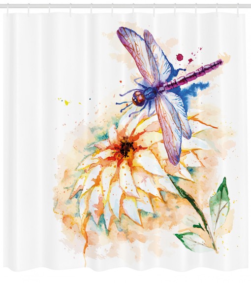 Dragonfly and Lily Flower Watercolor Shower Curtain - Bathroom Print Design
