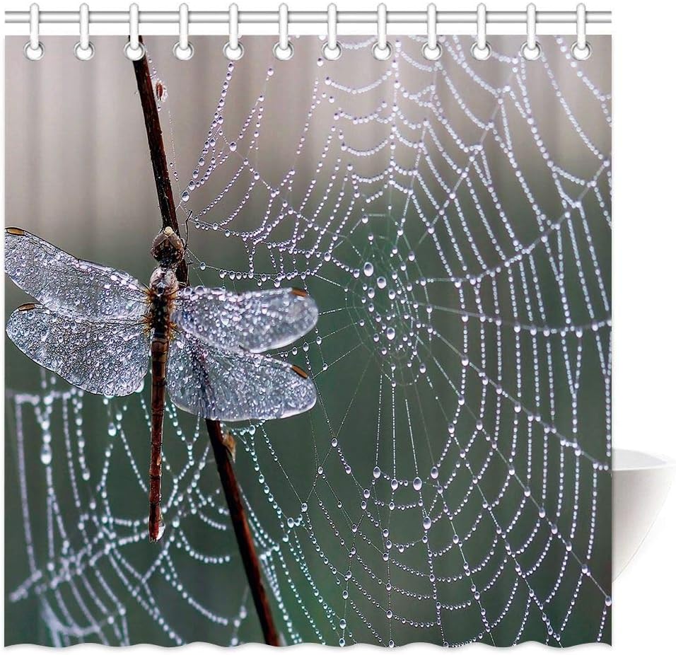 Dragonfly in Spiderweb Fabric Shower Curtain - Unique Bathroom Decor