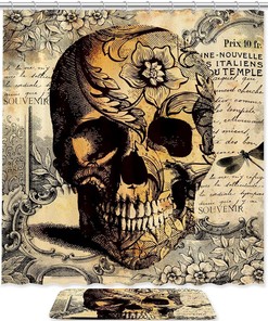 Edgy Vintage Retro Skull Floral Shower Curtain for Gothic Bathrooms
