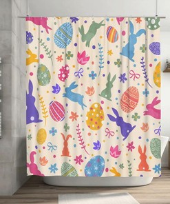 Elegant Flower Shower Curtain with Colorful Ribbons and Rabbit for Spring Bathroom Decor 