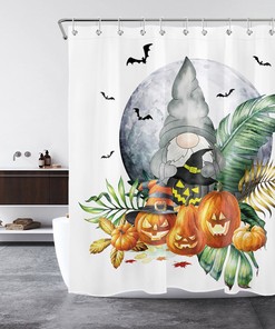 Enchanting Moon Gnome Green Leaf Pumpkin Halloween Shower Curtain Set: A Whimsical and Magical Bathroom Display