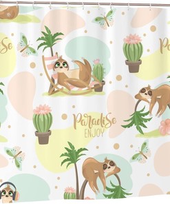 Enjoy Summer with Cute Sloth Shower Curtain: Cactus, Butterfly and Coconut Tree