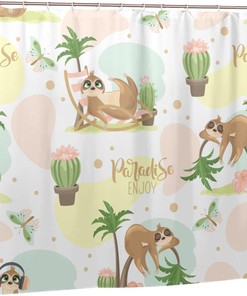 Enjoy Summer with Cute Sloth Shower Curtain: Cactus, Butterfly and Coconut Tree