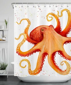 Exciting Watercolor Orange Squid Octopus Monster Shower Curtain for Bathroom Accessory