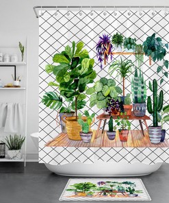 Eye-Catching Watercolor Potted Plants Cactus Succulent Waterproof Fabric Shower Curtain 