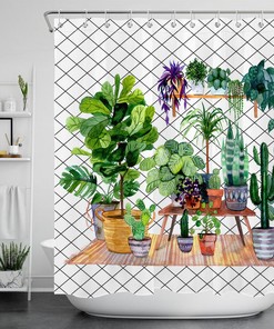 Eye-Catching Watercolor Potted Plants Cactus Succulent Waterproof Fabric Shower Curtain
