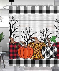 Fall Plaid Pumpkin Shower Curtain with 12 Hooks for Bathroom Decor