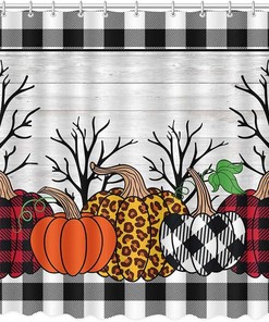 Fall Plaid Pumpkin Shower Curtain with 12 Hooks for Bathroom Decor