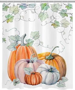 Fall Pumpkin Shower Curtain for Thanksgiving and Autumn Harvest | Watercolor Green Leaves and Waterproof Fabric 