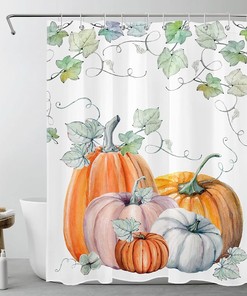 Fall Pumpkin Shower Curtain for Thanksgiving and Autumn Harvest | Watercolor Green Leaves and Waterproof Fabric