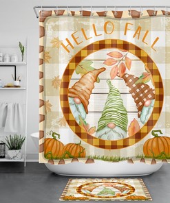 Fall Watercolor Pumpkin and Gnome Shower Curtain with Rustic Board Design for Bathroom Decor