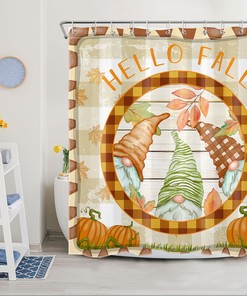 Fall Watercolor Pumpkin and Gnome Shower Curtain with Rustic Board Design for Bathroom Decor