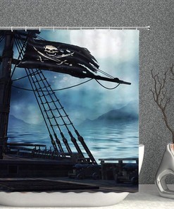 Fantasy Vintage Pirate Ship Shower Curtain for Nautical Bathroom Decor