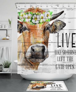 Farm Animal and Flower Shower Curtain - Rustic Planks Bathroom Decor