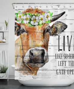 Farm Animal and Flower Shower Curtain - Rustic Planks Bathroom Decor