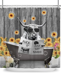Farm Cow Shower Curtain with Sunflowers for Rustic Farmhouse Bathroom, Bathroom Decor