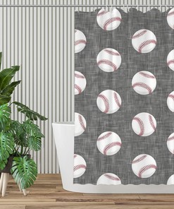 Farmhouse Baseballs Gray Shower Curtain - Bathroom Decor - Fabric 