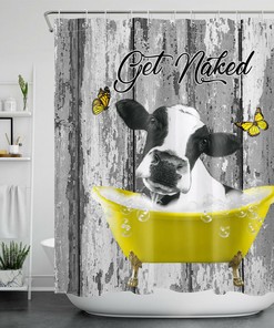 Farmhouse Cow Shower Curtain with Butterfly and Funny Get Naked Theme for Bathroom Decor