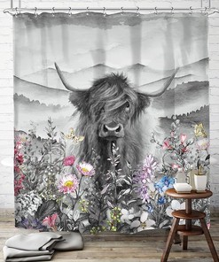Farmhouse Highland Cow Shower Curtain - Funny Wildlife Bathroom Decor