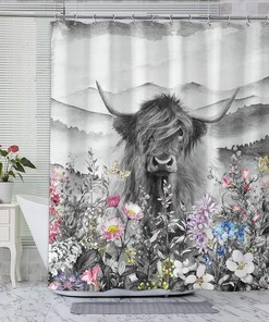 Farmhouse Highland Cow Shower Curtain - Funny Wildlife Bathroom Decor