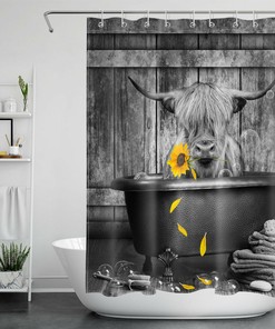 Farmhouse Shower Curtain with Funny Highland Cow and Sunflower for Bathroom Bathtub