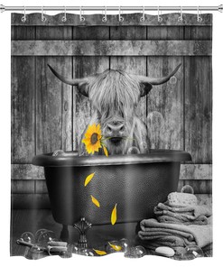 Farmhouse Shower Curtain with Funny Highland Cow and Sunflower for Bathroom Bathtub